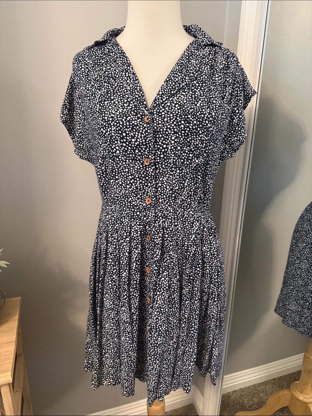 Roxy Navy and White Polka Dot Button-Front Dress